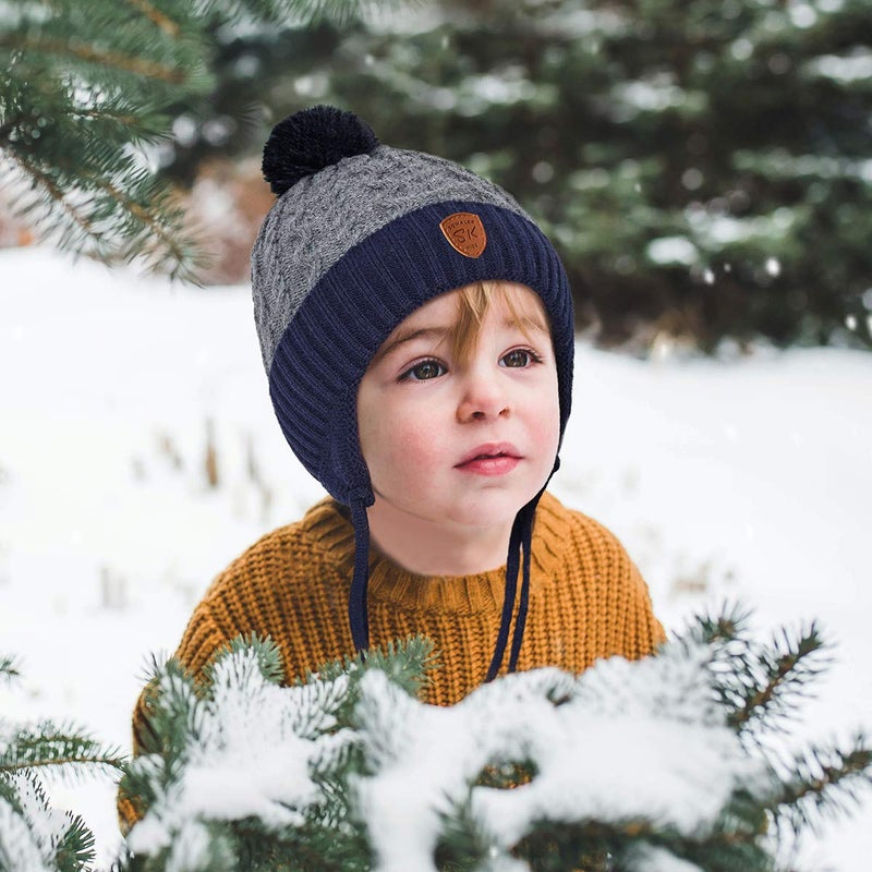 SOMALER Toddler Baby Boy Winter Beanie Hat Infant Kids Warm Fleece Lined Earflap Knit Fur Pom Pom Hat Snow Cap - Image 2